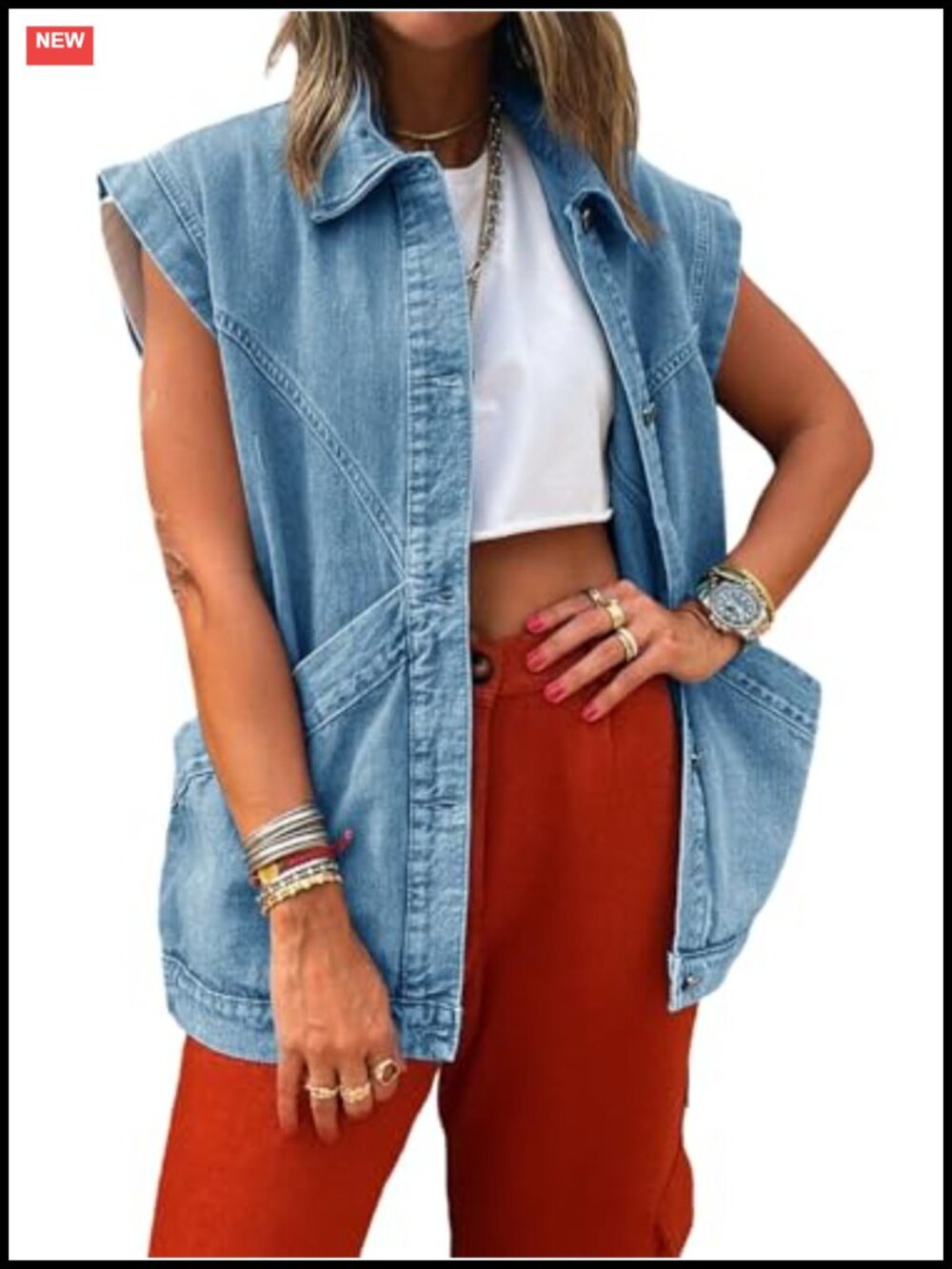 Womens Oversized Denim Vest Sleeveless Jean Vest Button Down Casual